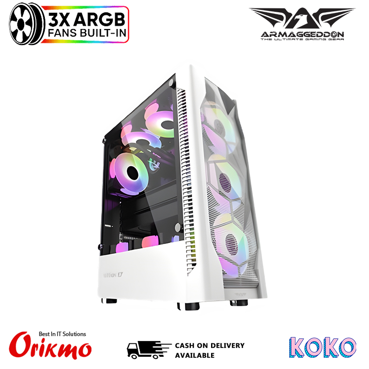 ARMAGGEDDON TRITRON 3 GAMING CASING - WHITE (with 3 RGB Fan)