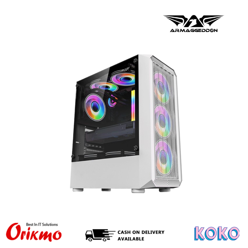 ARMAGGEDDON TRITRON 1 GAMING CASING - WHITE (with 3 RGB Fan)